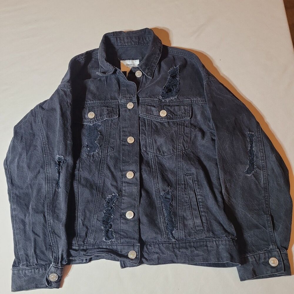Forever 21 Distressed Black Denim Jacket Long Sleeve Size Small